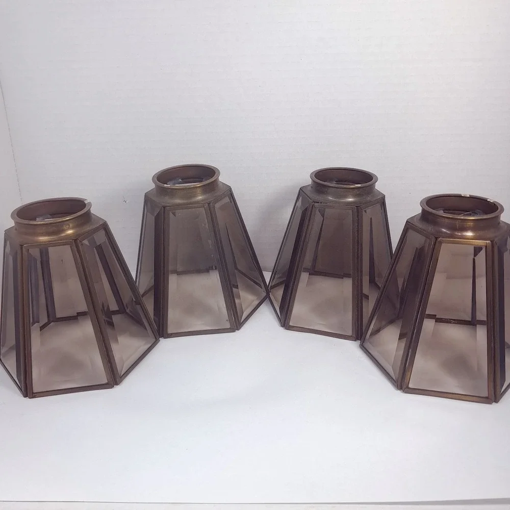 Vintage Smoked Glass Ceiling Fan Light Shades x4 Hexagon Beveled 6 sided brass